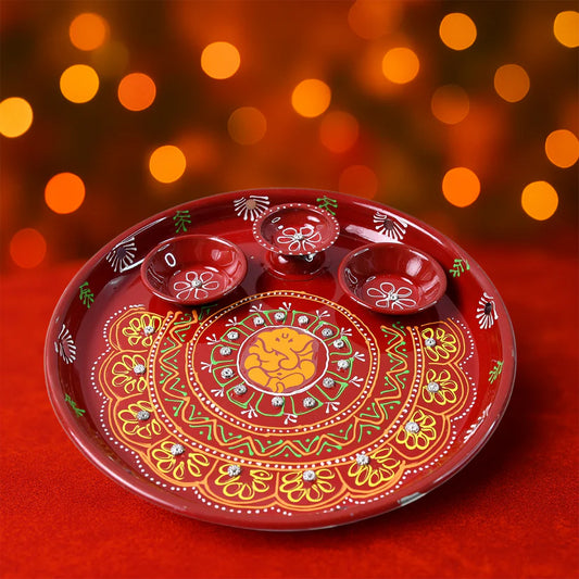 Hand-Painted Decorative Pooja Thali with Ganesha Motif and Diyas
