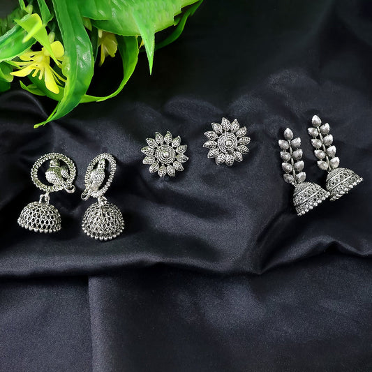 Women's Silver Plated Oxidized Combo Of 3 Jumka Dangled Earring