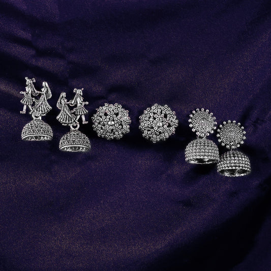 Silver Oxidized Earrings With Different Pattern (3Pc)